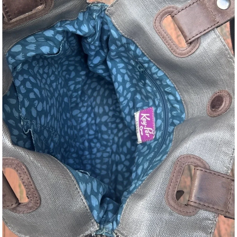 Fossil KEY-PER Black Gray Teal Quilted Fabric Shoulder Bag Satchel